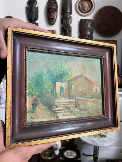 Μικρός Πίνακας Με Αυλή Σπιτιού Ζωγραφιά Ενυπόγραφος
